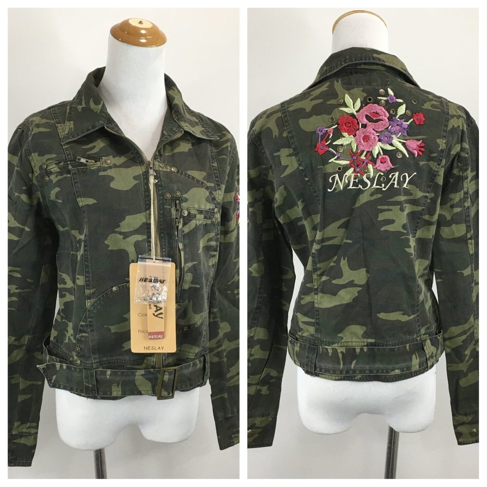 NWT NESLAY Camo Print Floral Embroidery Zip Pocket Belted Hem Denim Jacket